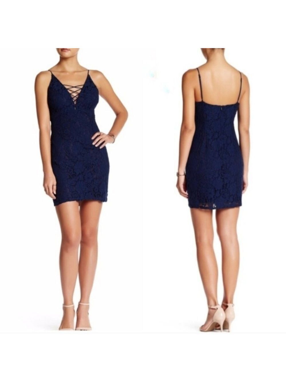 ASTR navy lace plunge criss-cross party cocktail dress  Sz: S - Picture 2 of 12